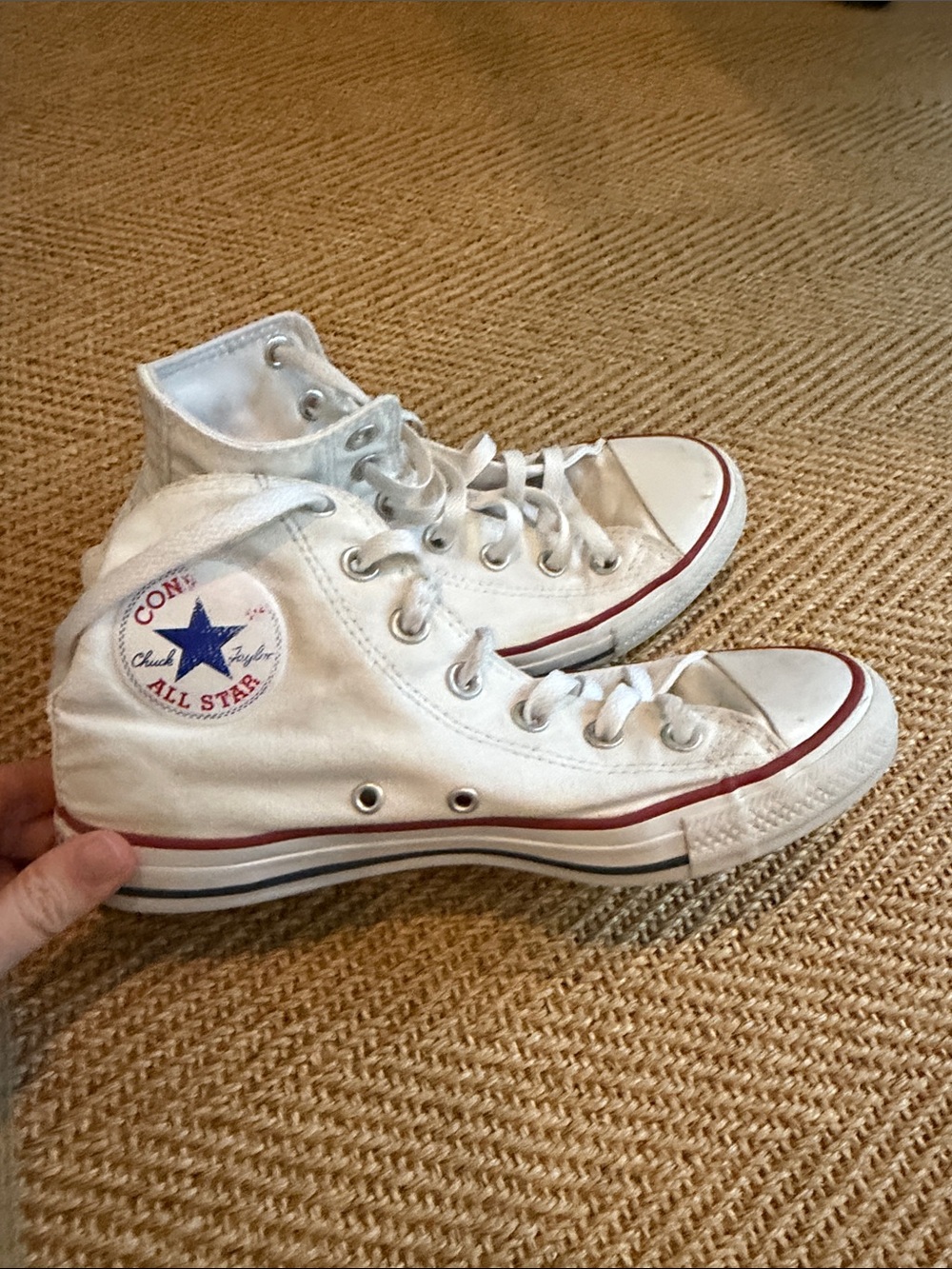 Converse White High Top Sneakers with Red and Blue Trim